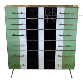 Small tallboy dresser with vertical lines in colored glass