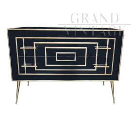 Dresser with two drawers in black Murano glass with golden geometries