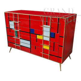 Dresser with four drawers in red Murano glass