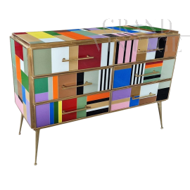 Design dresser with six drawers covered in multicolored glass