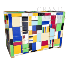 Design dresser covered with multicolored Murano glass tiles
