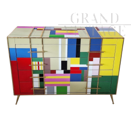 Dresser covered in multicolored Murano glass with 4 drawers