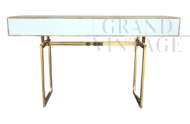 White glass and brass console with two drawers