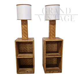 Pair of bamboo and rattan bedside tables with built-in lamps
