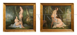 Pair of antique French oil paintings on canvas depicting Nymphs