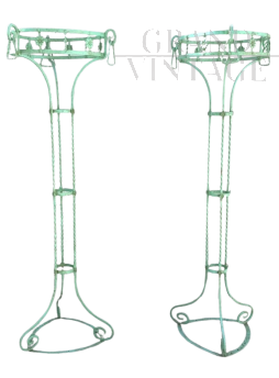 Pair of vertical Art Nouveau plant stands in green lacquered iron     