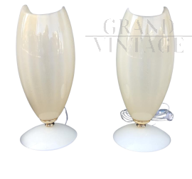 Pair of vintage white glass and brass table lamps, 1970s