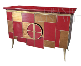 Sideboard in burgundy red glass with mirrored inserts and 2 illuminated doors