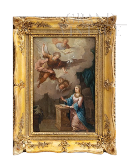 Antique oil painting on bronze depicting the Annunciation, Naples 19th century