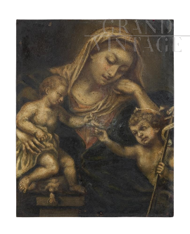 Antique painting on copper depicting the Madonna and Child with the infant Saint John