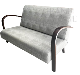 1940s art deco sofa in gray cotton with round armrests     