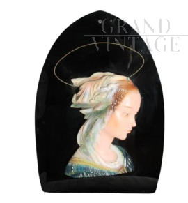 Madonna sculpture in painted terracotta on black glass, 1940s art deco