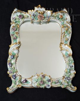 Antique mirror in polychrome Capodimonte porcelain