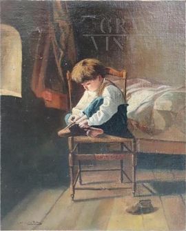 Silvio Rotta - painting depicting a child tying a shoe, 19th century