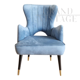 Art deco style armchair in light blue velvet