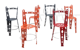 Set of 6 postmodern Artifort chairs in perforated and colored metal      