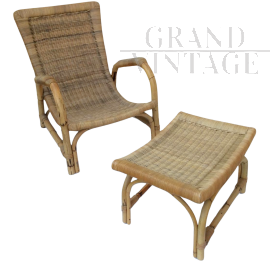 Bamboo armchair and stool set, 1960s