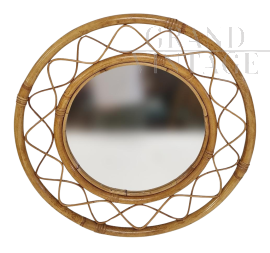 Round woven rattan wall mirror