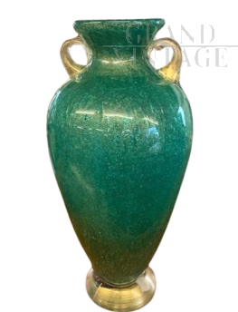 Vase by Flavio Poli for Seguso in green Murano glass with bubbles