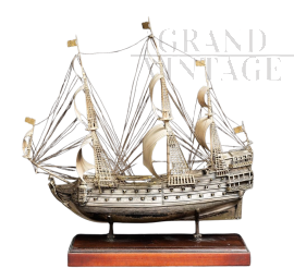 Antique chiselled silver sailing ship, Italy - Naples early 20th century