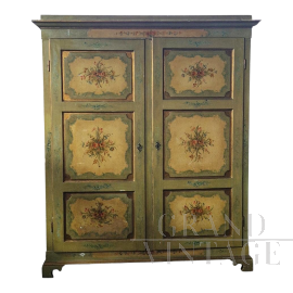 Antique Tyrolean two-door wardrobe, cream and green lacquered and hand painted