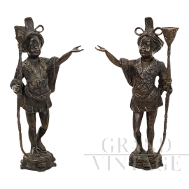 Pair of antique candlesticks with Venetian Moors in bronze, 20th century