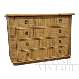 Bamboo and rattan chest of drawers with glass top    