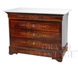 Antique French Charles X chest of drawers in fine exotic wood with marble top
