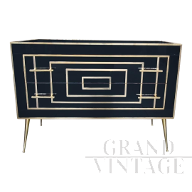 Dresser with two drawers in black Murano glass with golden geometries