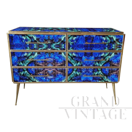 Design dresser in blue glass with lapis lazuli effect with six drawers