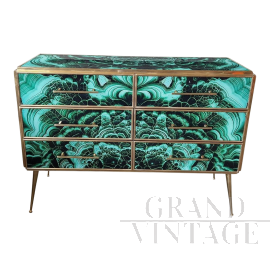 Wooden dresser covered in malachite effect glass with six drawers  