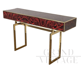 Console in brass and red glass with marbled effect