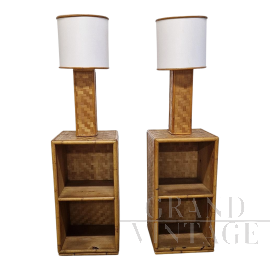 Pair of bamboo and rattan bedside tables with built-in lamps
