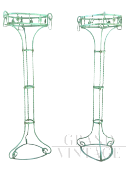 Pair of vertical Art Nouveau plant stands in green lacquered iron     