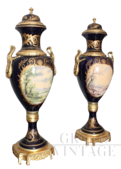 Pair of large Sèvres porcelain cassolette vases with bronzes, 20th century