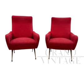 Pair of Lady Zanuso style armchairs in red fabric