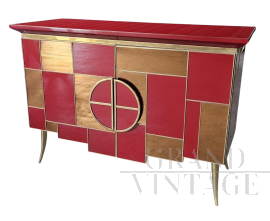 Sideboard in burgundy red glass with mirrored inserts and 2 illuminated doors