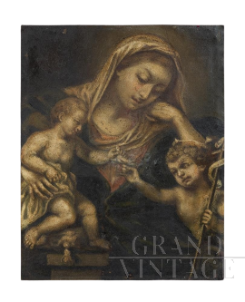 Antique painting on copper depicting the Madonna and Child with the infant Saint John