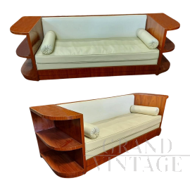 Art deco sofa in wood and white eco-leather with open shelves    