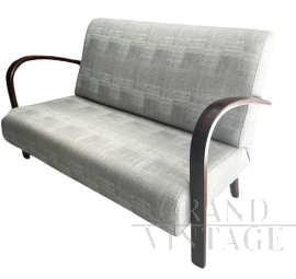 1940s art deco sofa in gray cotton with round armrests     