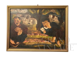 Giuseppe Serafini - Oil painting with friars, 20th century