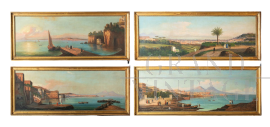 Group of 4 antique paintings with views and glimpses of Naples  