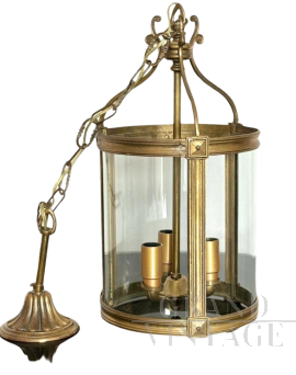 Vintage lantern chandelier in brass and blown glass, Italy 1950s  