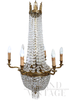 Antique chandelier from the late 19th century in gilded bronze with crystal drops