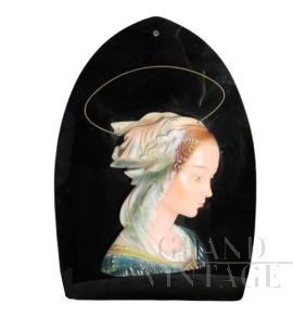 Madonna sculpture in painted terracotta on black glass, 1940s art deco