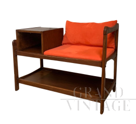 Vintage telephone cabinet in wood and orange suede fabric