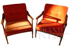 Pair of 60s design Augusta armchairs in orange velvet