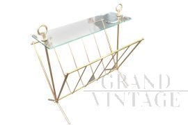 1950s magazine rack in brass and glass