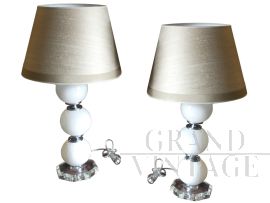 Pair of abat-jour lamps in opaline Murano glass, 1970s