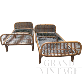 Pair of single bamboo and rattan vintage beds, 1970s